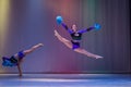 Kamenskoye, Ukraine - October 14, 2018: Championship of the city of Kamenskoye in cheerleading among duets and teams, young