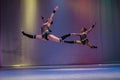 Kamenskoye, Ukraine - October 14, 2018: young cheerleaders perform at the cheerleading championship, girls in a jump, girl doing