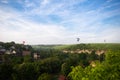Kamianets-Podilskyi, Ukraine. Colorful balloons flying over a beautiful medieval castle, a very beautiful view of the city.