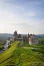 Kamianets-Podilskyi, Ukraine. Colorful balloons flying over a beautiful medieval castle, a very beautiful view of the city.