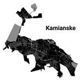 Kamianske city map, Ukraine. Municipal administrative borders, black and white area map with rivers and roads, parks and railways