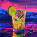 Kamikaze Cocktail on Neon Background, Strong All Day Coctail, Cold Bar Drink, Copy Space Royalty Free Stock Photo