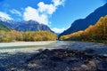 Kamikochi National Park in the Northern Japan Alps of Nagano Prefecture, Japan. Beautiful mountain in autumn leaf and Azusa river Royalty Free Stock Photo