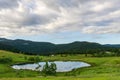 KAMLOOPS, CANADA - AUGUST 4, 2020: Large pond in swampy meadow among rolling hills country side british columbia Canada