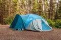 KAMLOOPS, CANADA - JULY 07, 2020: blue Coleman camping tent in forest camp site lifestyle advanture