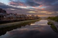 Kamogawa river nearby Gion in sunset