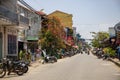 Kampot, Cambodia - 12 April 2018: town view with french colonial buildings and khmer restaurants Royalty Free Stock Photo