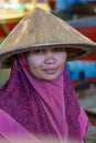 Kampot. Cambodia. Portrait of a Cambodian woman with a traditional pointed hat