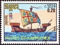 KAMPUCHEA - CIRCA 1986: A stamp printed in Kampuchea shows English Kogge of Richard II`s Reign, circa 1986.