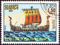 KAMPUCHEA - CIRCA 1986: A stamp printed in Kampuchea from the `Medieval Ships` issue shows Norman ship, circa 1986.