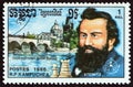 KAMPUCHEA - CIRCA 1986: A stamp printed in Kampuchea shows Wilhelm Steinitz and Charles Bridge, Prague, circa 1986.