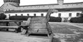 Kamyanets-Podilsky citadel tourism museum, Ukraine. 12 may 2023. Old wooden horse for punishment in the courtyard of the castle Royalty Free Stock Photo