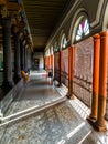 Beautiful colonnade with lace curtains in an old heritage palace in Athangudi in