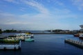 Small boats on dock. Osanbashi Pier main international passenger pier at the Port of