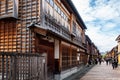 Kanazawa, Japan, 09/11/19. Higashi Chaya Geisha district with old wooden houses and people walking. Royalty Free Stock Photo