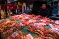Market stall with big fresh crabs in traditional Omicho Fish Market in Kanazawa. Man selling the crabs. Royalty Free Stock Photo