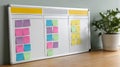 Kanban board with colorful sticky notes on a desk. Royalty Free Stock Photo