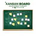 Scrum Task Board Vector. Hanging Scrum Task Board. Startup Development Process. Full Tasks To Do List. Realistic