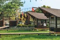 KANCHANABURI-THAILAND, APRIL 1, 2023 : Beautiful landscape in Japanese architectural style resting in the midst of verdant rice