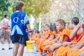 KANCHANABURI-THAILAND, APRIL 17,2019: Unidentified novices sit and wait for the water pouring ceremony on the Songkran festival at