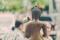 KANCHANABURI THAILAND - APRIL 17 : Unidentified people Shower the monk sculpture in Songkran festival on April 17,2018 at Wat