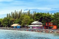 KANCHANABURI-THAILAND,AUGUST 30,2019 : Beautiful scenery view of Nile Red Tilapia fish cages aquaculture floating with floats from