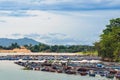 KANCHANABURI-THAILAND,AUGUST 30,2019 : Beautiful scenery view of Nile Red Tilapia fish cages aquaculture floating with floats from