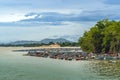 KANCHANABURI-THAILAND,AUGUST 30,2019 : Beautiful scenery view of Nile Red Tilapia fish cages aquaculture floating with floats from