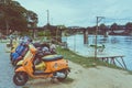 KANCHANABURI, THAILAND - August 4, 2019 : Vespa gang were parking in the line for meeting and gethering after touring together at