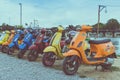 KANCHANABURI, THAILAND - August 4, 2019 : Vespa gang were parking in the line for meeting and gethering after touring together at Royalty Free Stock Photo