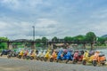 KANCHANABURI, THAILAND - August 4, 2019 : Vespa gang were parking in the line for meeting and gethering after touring together at