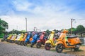 KANCHANABURI, THAILAND - August 4, 2019 : Vespa gang were parking in the line for meeting and gethering after touring together at Royalty Free Stock Photo