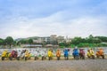 KANCHANABURI, THAILAND - August 4, 2019 : Vespa gang were parking in the line for meeting and gethering after touring together at Royalty Free Stock Photo