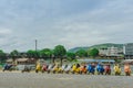 KANCHANABURI, THAILAND - August 4, 2019 : Vespa gang were parking in the line for meeting and gethering after touring together at Royalty Free Stock Photo