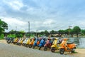 KANCHANABURI, THAILAND - August 4, 2019 : Vespa gang were parking in the line for meeting and gethering after touring together at