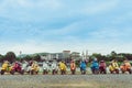 KANCHANABURI, THAILAND - August 4, 2019 : Vespa gang were parking in the line for meeting and gethering after touring together at Royalty Free Stock Photo