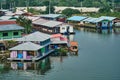 Kanchanaburi, Thailand 12 13 2023: Colorful houseboats on the Kwae Noi River at Skywalk Muang, Kanchanaburi, Thailand