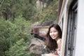 Passenger travels on classic train on the railway on River Kwai Bridge in Tham Krasae area