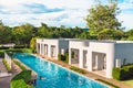 KANCHANABURI-THAILAND,JUNE 30,2023 : Beautiful exterior view of modern resort in loft style or decoration of cozy lodge in modern