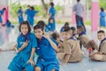 KANCHANABURI THAILAND - JUNE 13 : Unidentified Teacher and Boy s Royalty Free Stock Photo