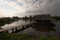 Kanchanaburi, wooden house and bridge along the river, Thailand