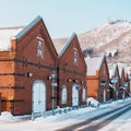 Kanemori Red Brick Warehouse with Snow in winter. landmark and popular for attractions in Hokkaido, Japan.Hakodate, Hokkaido, Royalty Free Stock Photo