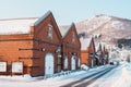 Kanemori Red Brick Warehouse with Snow in winter. landmark and popular for attractions in Hokkaido, Japan.Hakodate, Hokkaido, Royalty Free Stock Photo