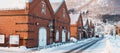 Kanemori Red Brick Warehouse with Snow in winter. landmark and popular for attractions in Hokkaido, Japan.Hakodate, Hokkaido, Royalty Free Stock Photo