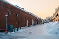 Kanemori Red Brick Warehouse with Snow in winter. landmark and popular for attractions in Hokkaido, Japan.Hakodate, Hokkaido, Royalty Free Stock Photo