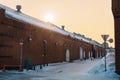 Kanemori Red Brick Warehouse with Snow in winter. landmark and popular for attractions in Hokkaido, Japan.Hakodate, Hokkaido, Royalty Free Stock Photo