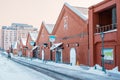 Kanemori Red Brick Warehouse with Snow in winter. landmark and popular for attractions in Hokkaido, Japan.Hakodate, Hokkaido, Royalty Free Stock Photo