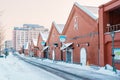 Kanemori Red Brick Warehouse with Snow in winter. landmark and popular for attractions in Hokkaido, Japan.Hakodate, Hokkaido, Royalty Free Stock Photo