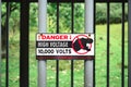 Danger! High voltage 10,000 volts electrified fence dinosaur cage warning sign movie prop from Jurassic World film
