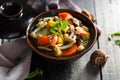 Kang liang Pak Ruam, Thai Vegetables Spicy Soup.